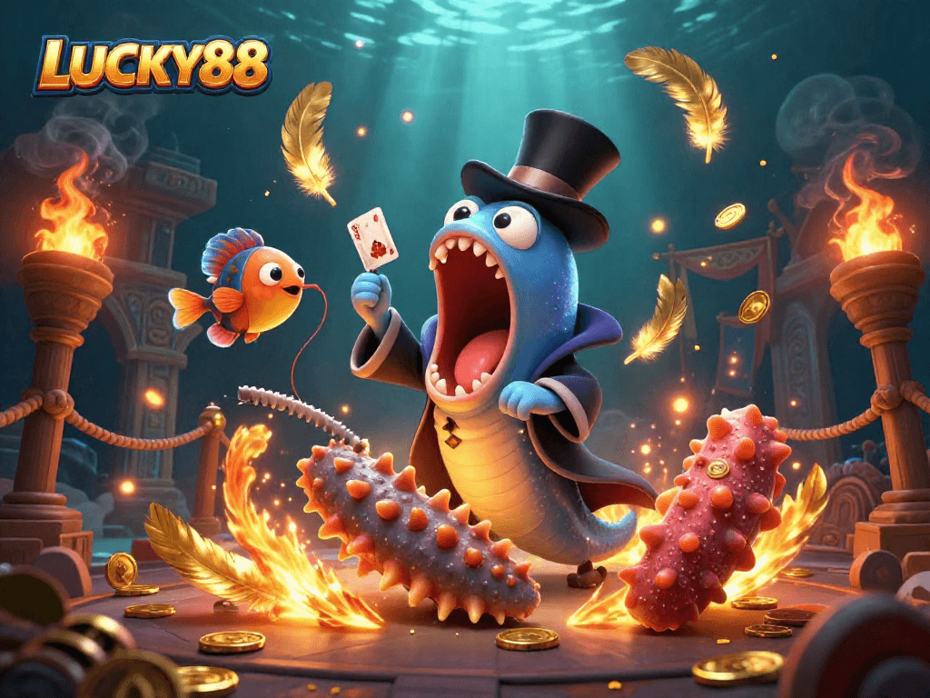LUCKY88 captures an entertaining magic act underwater with vibrant colors and detailed casino elements.