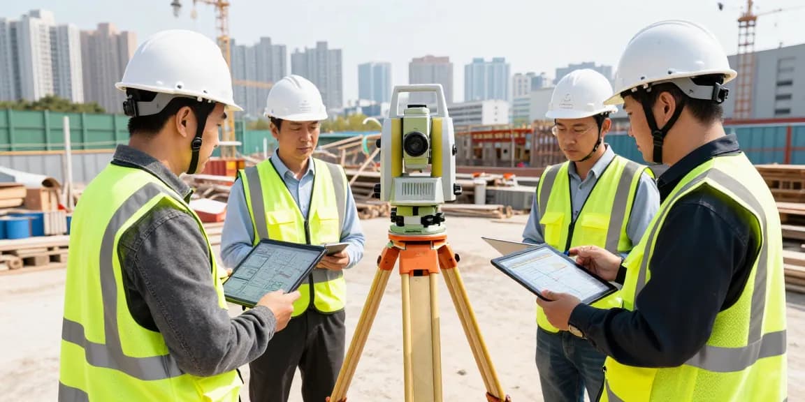 Surveyors conducting precise land and topographical surveys in urban environment.