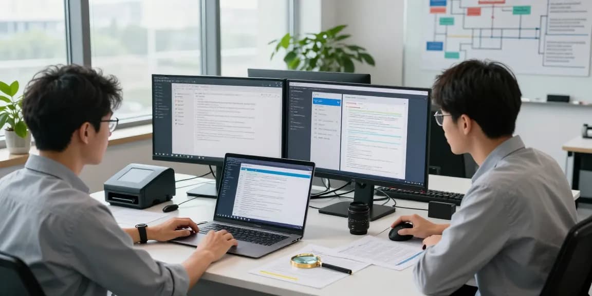Forensic analyst in action during document fraud detection, showcasing high-tech tools and AI analysis.