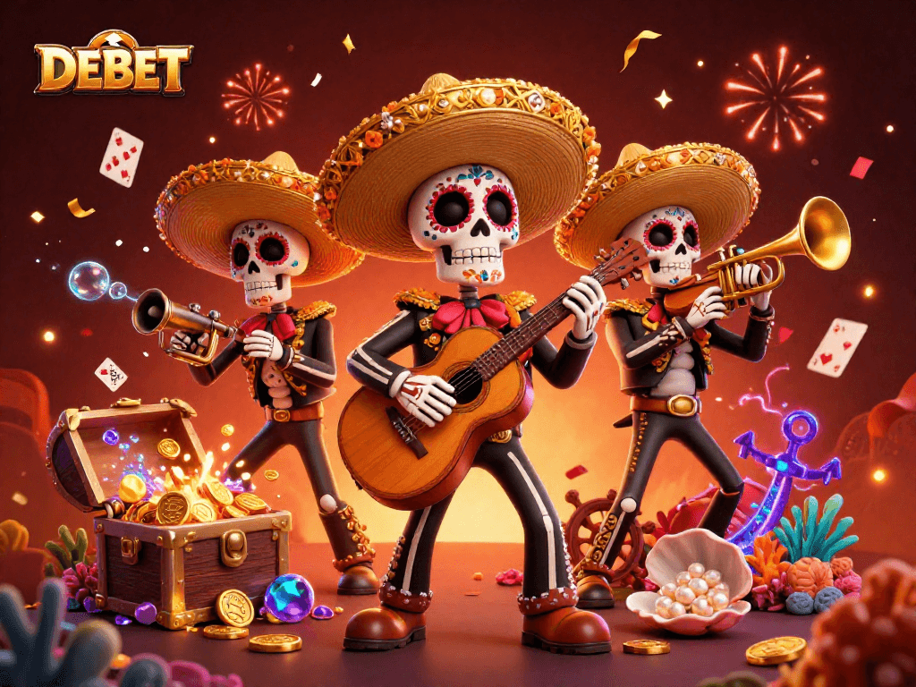 Engage with DEBET in this lively 3D illustration of a mariachi band amidst vibrant casino elements.