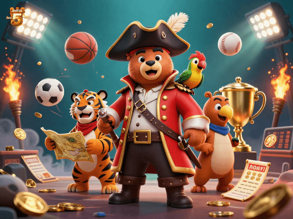 Engage with kèo nhà cái 5 through a dynamic 3D illustration of a pirate bear, tiger, and parrot amidst sports elements.