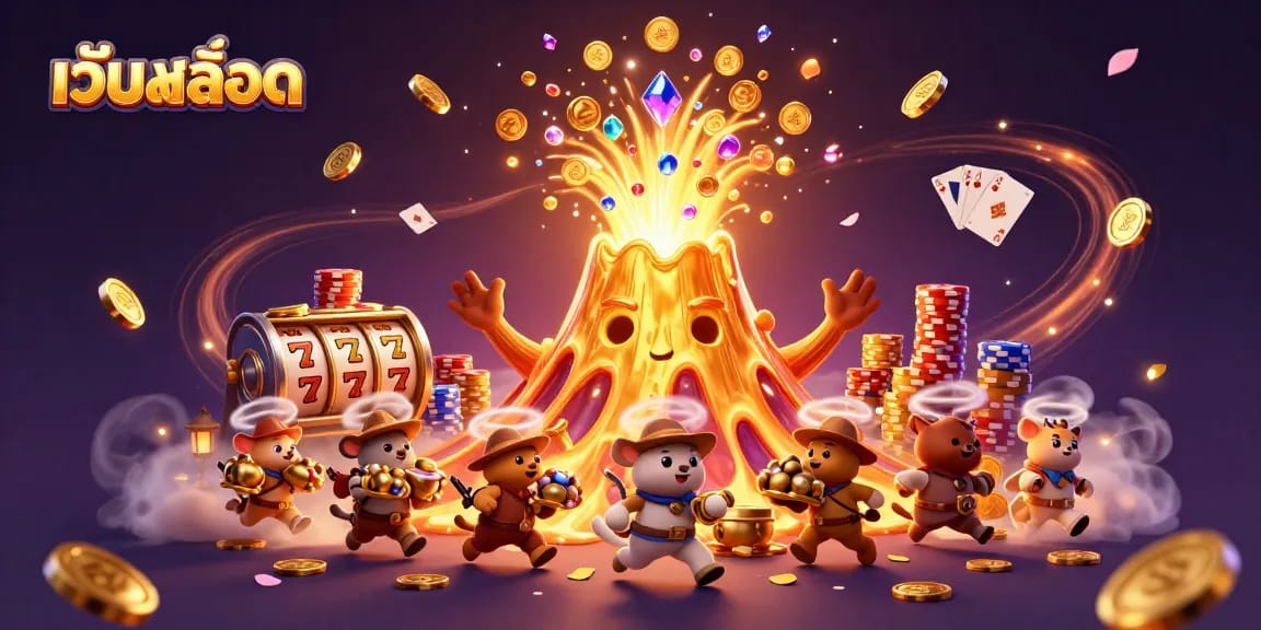 Spin the เว็บสล็อต reels amidst a golden eruption of treasure and vibrant casino elements.