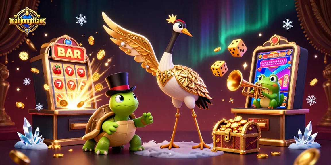 Engage with mahjongtitans at a lively casino scene with characters and exciting game elements.