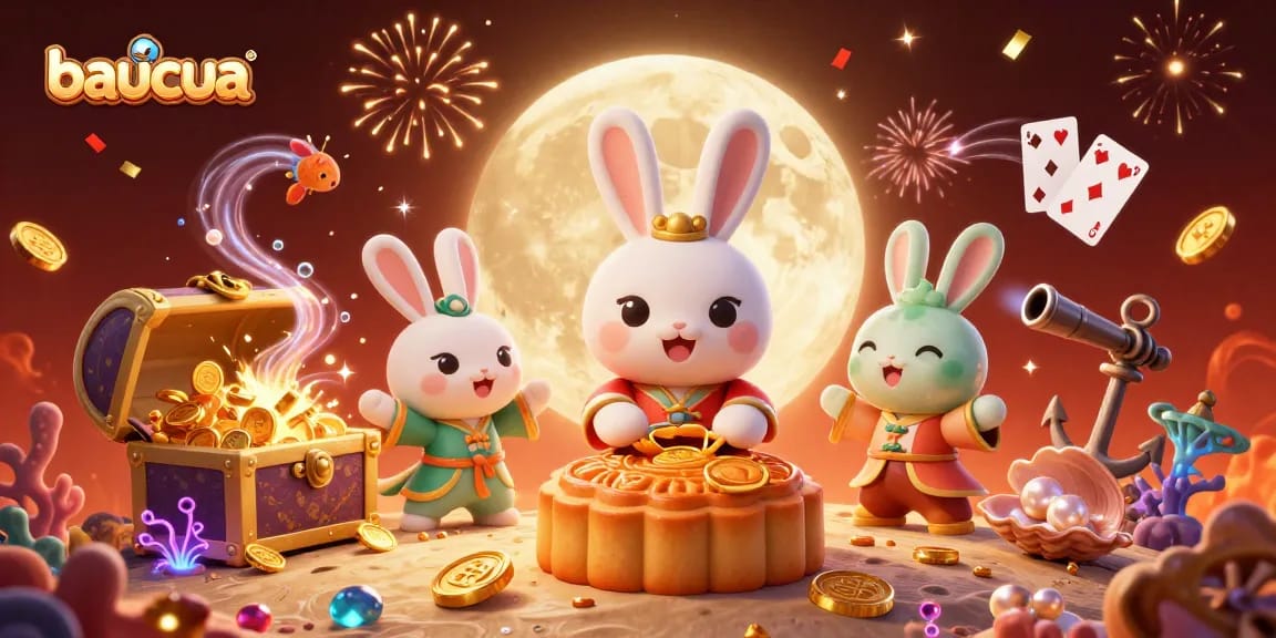 Experience the excitement of baucua as the moon rabbit reveals poker chips in a vibrant 3D scene.