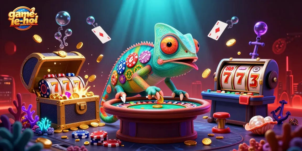 Experience the vibrant action of game-le-hoi-mexico with colorful slot reels and a unique chameleon casino owner.