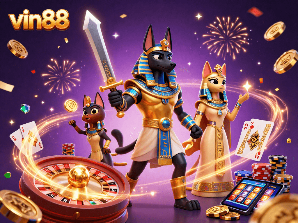 Experience vinc88 casino thrills as Anubis and Bastet celebrate with luxury gaming elements.