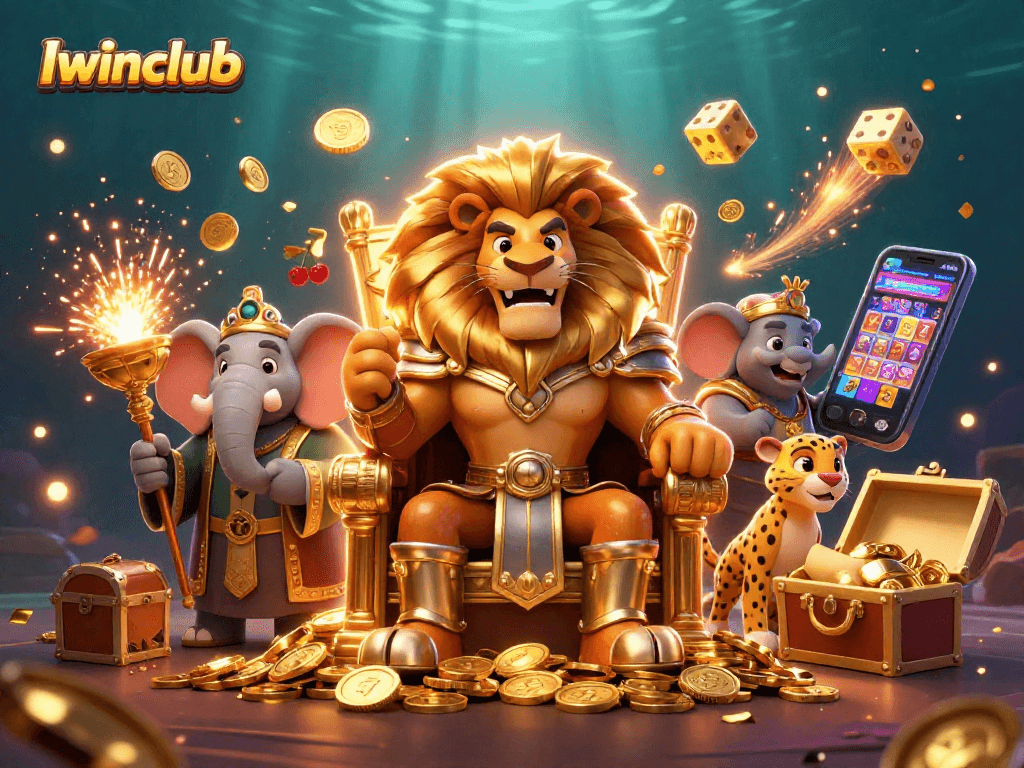 Iwinclub features a lion king, elephant advisor, and cheetah messenger in a vibrant, dynamic casino scene.