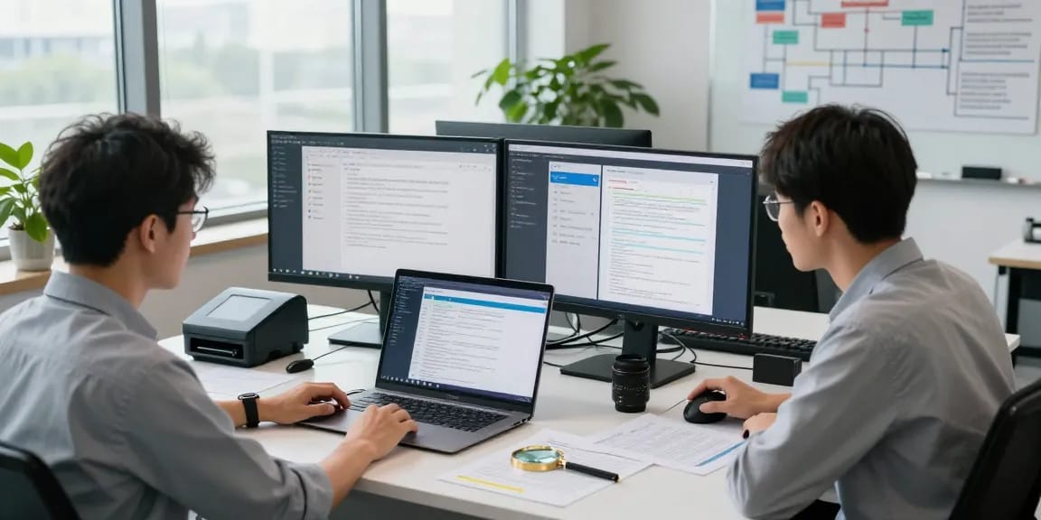 Forensic analyst in action during document fraud detection, showcasing high-tech tools and AI analysis.