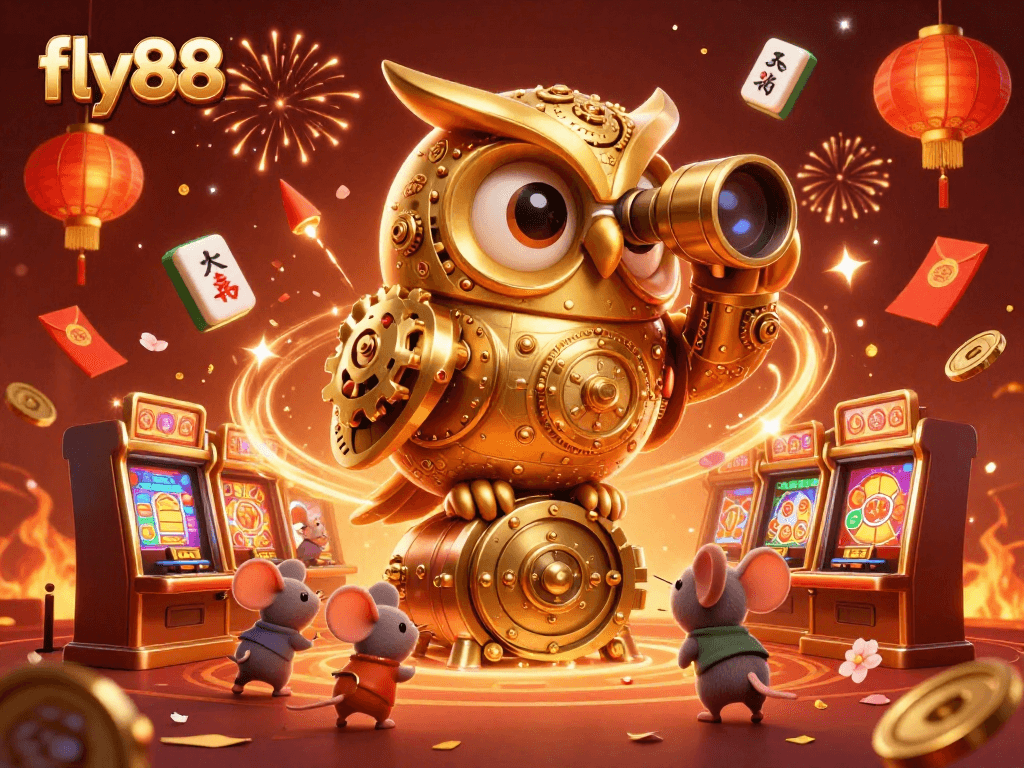 Experience thrilling action at fly88 with a vibrant 3D casino scene featuring a golden owl and lively mouse patrons.