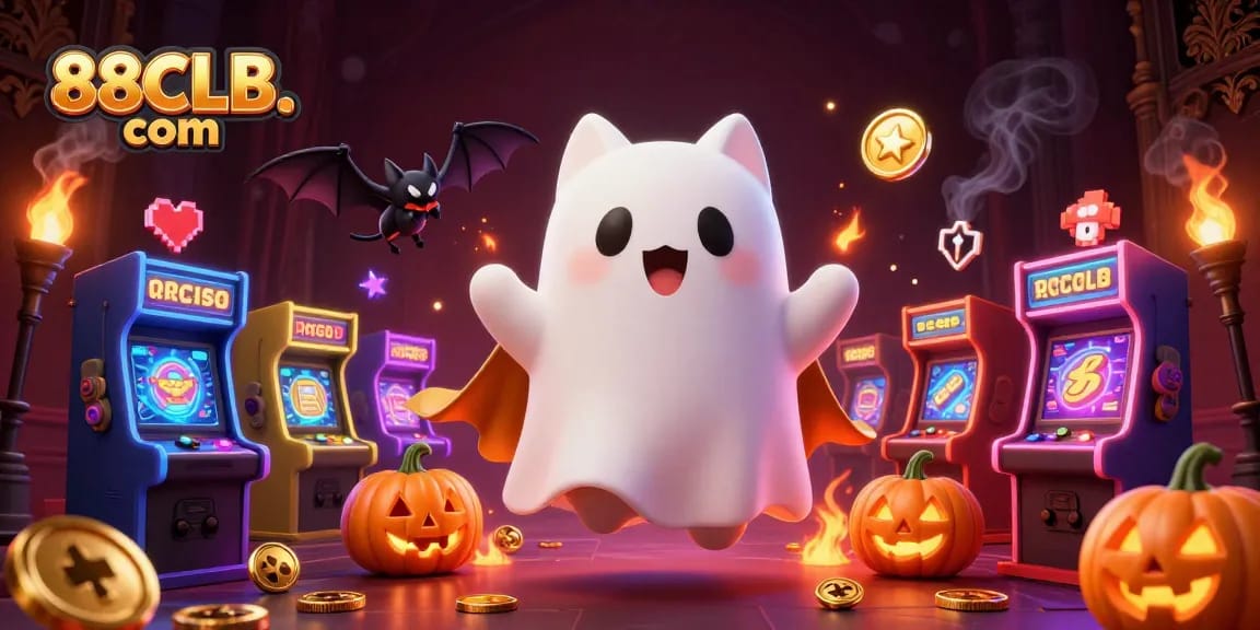 Play thrilling games at 88CLB. com with a ghostly cat in a vibrant, haunted casino.