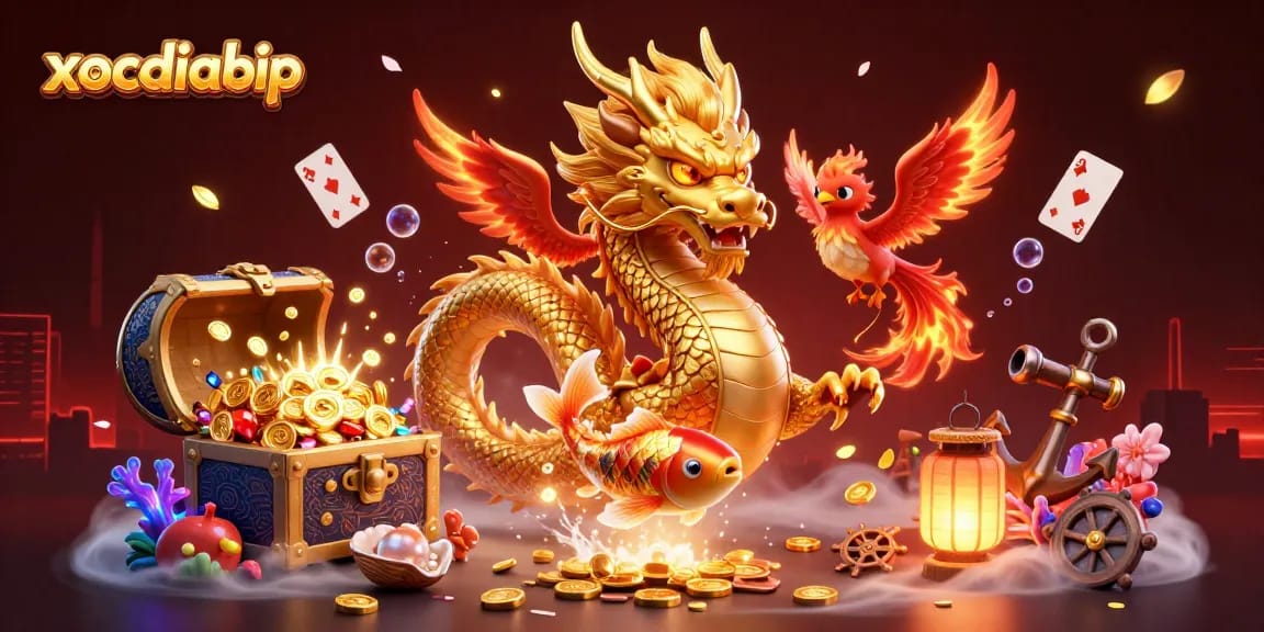 Xocdiabip showcases an epic 3D casino scene with a dragon, phoenix, and koi fish amidst treasures.