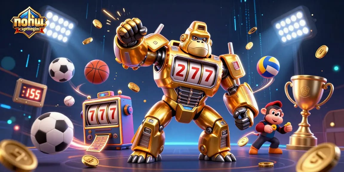Nohu-cupthegioi showcases a golden gorilla mech with slot elements amidst sports balls and dynamic action.