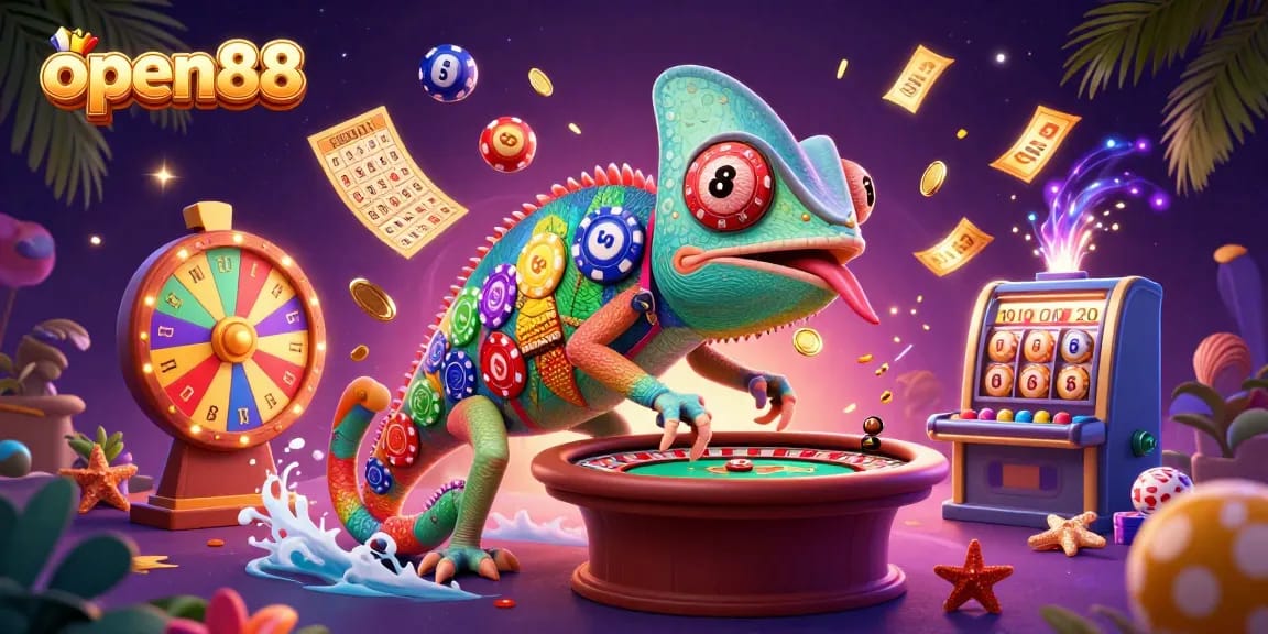 Win big with open88 in a vibrant casino scene featuring colorful games and rich elements.