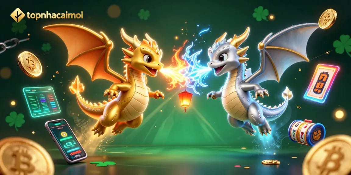 Engage with topnhacaimoi casino excitement featuring dragons and crypto elements in a vibrant 3D scene.