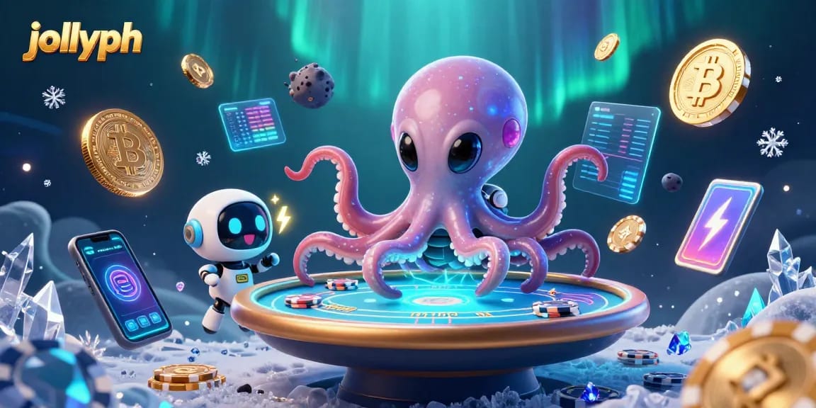Engage with jollyph's alien poker game featuring a dynamic octopus and robot in space.