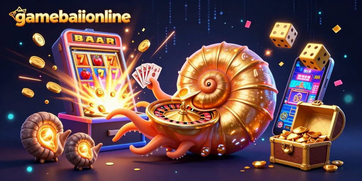 Engage in exciting gameplay at gamebaiionline with a vibrant illustration of ancient nautilus, roulette, and jackpot elements.