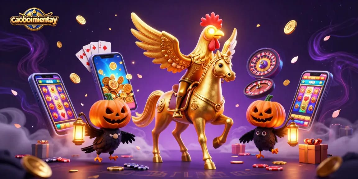 Experience caoboimientay's thrilling gameplay with a golden rooster riding through a lively casino scene.