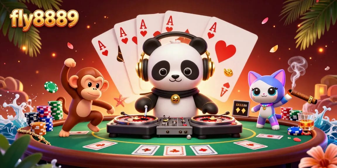 Experience the vibrant excitement of fly8889 with a DJ panda, breakdancing monkey, and rave kitten in a festive casino atmosphere