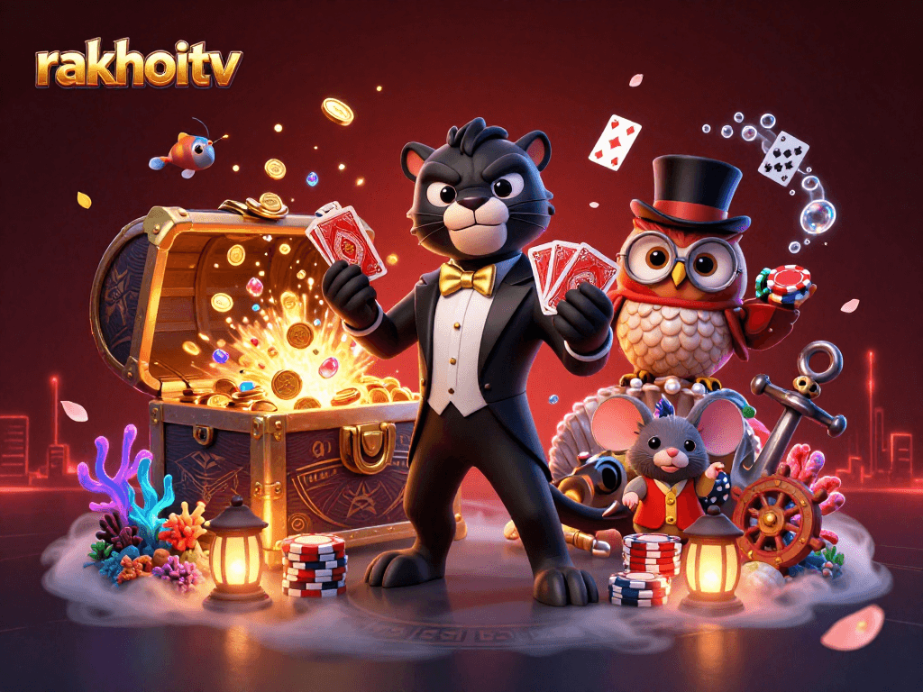 rakhoitv showcases a stylish panther dealing cards at a vibrant casino scene filled with treasures.
