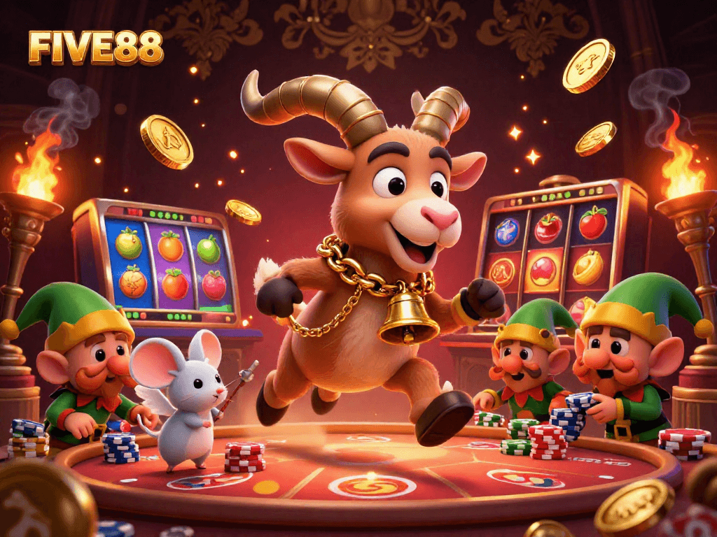 Experience the thrilling atmosphere at FIVE88 casino with Krampus and playful characters stealing the spotlight.