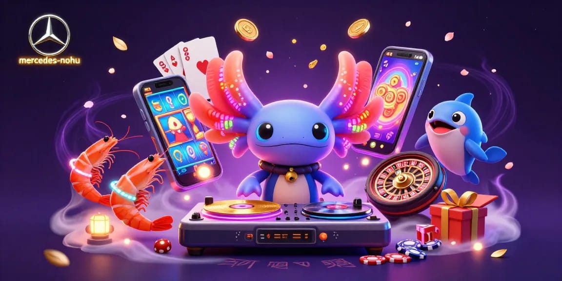 Play thrilling slot games with mercedes-nohu's vibrant 3D axolotl DJ surrounded by fun gaming elements.