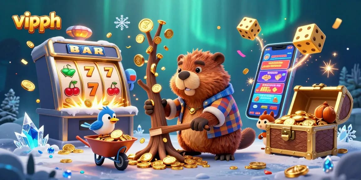 Experience thrilling wins at vipph with a vibrant cartoon scene showcasing a beaver, bird, and squirrel in a busy casino