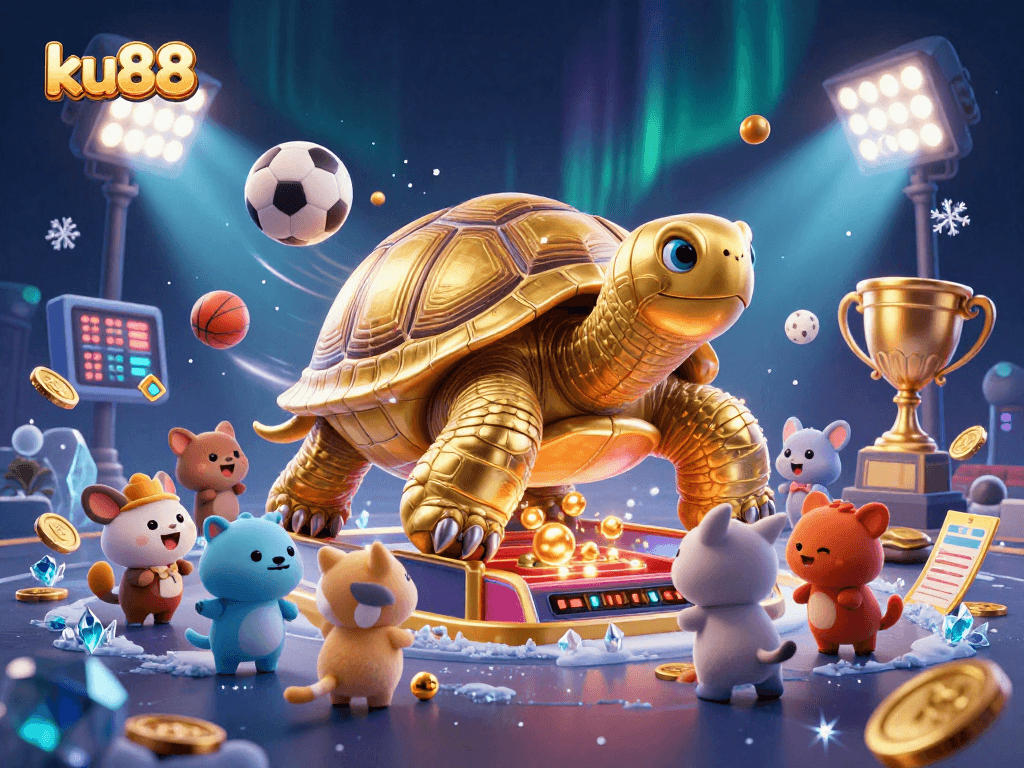 ku88 sports betting scene with a golden tortoise pinball machine, trophies, and dynamic elements