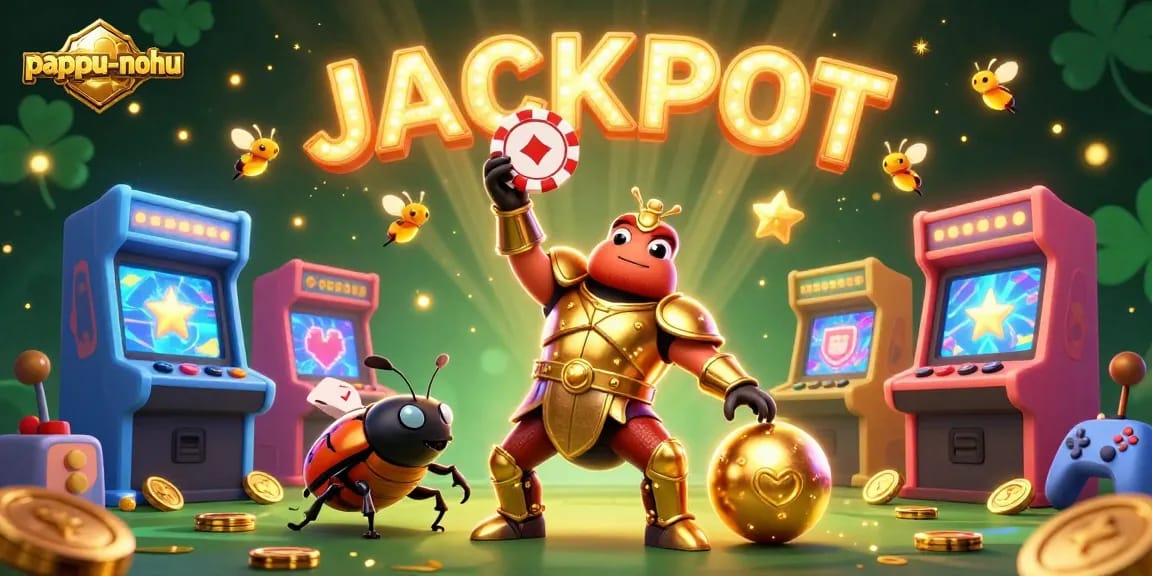 Experience the thrill of pappu-nohu with a vibrant 3D illustration featuring a hercules beetle in golden armor.