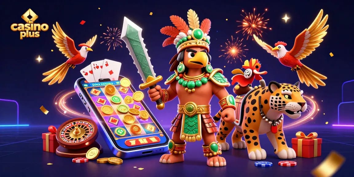 Bet on exciting casino plus games with vibrant Aztec warriors surrounded by dynamic gaming elements.