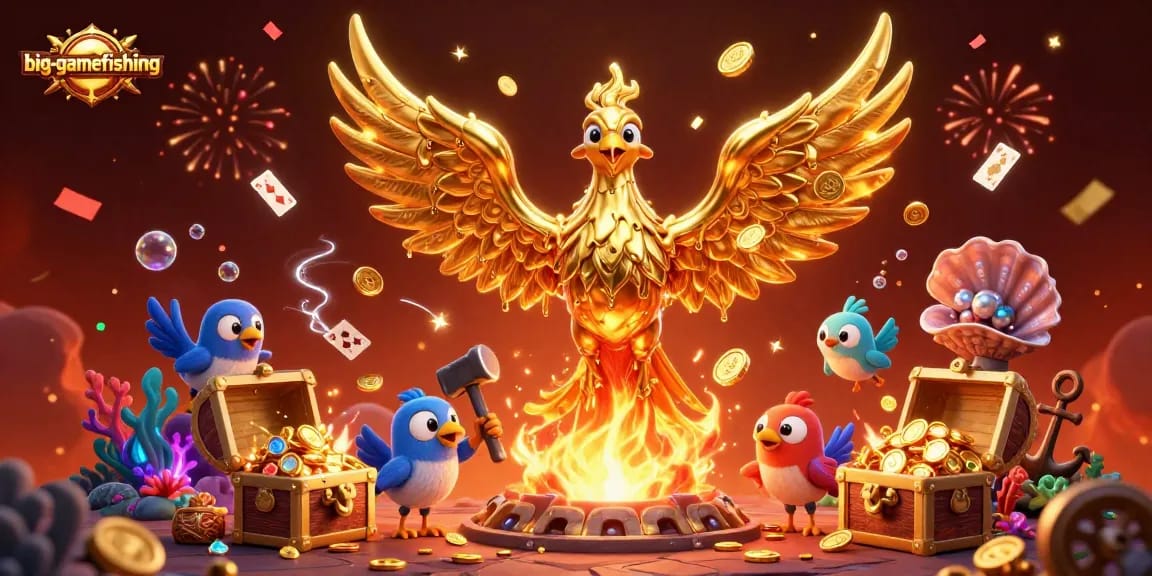 Experience the thrill of big-gamefishing as golden phoenix turns molten gold into casino winnings amidst vibrant underwater treasures.