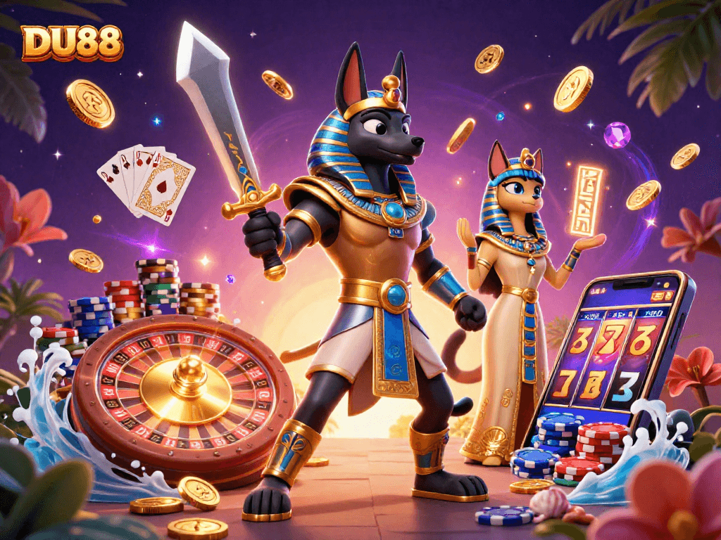 Experience thrilling gameplay with DU88 in a vibrant 3D casino scene featuring Anubis and Bastet.