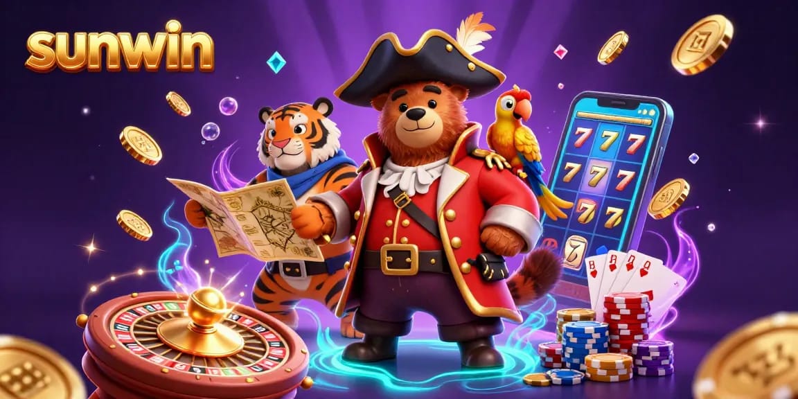 Engage in thrilling gameplay with sunwin as the vibrant pirate captain bear leads a treasure quest in a colorful casino adventure.