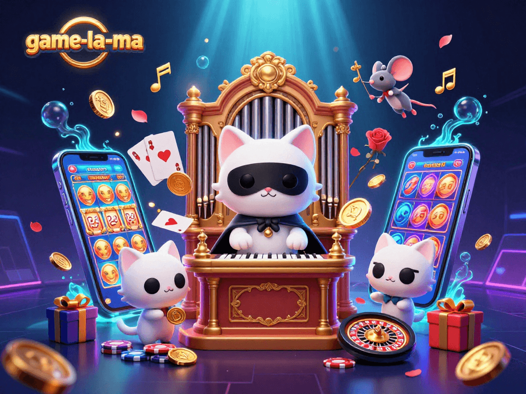 Experience thrilling fun with game-la-ma gaming features and characters in a vibrant casino scene.