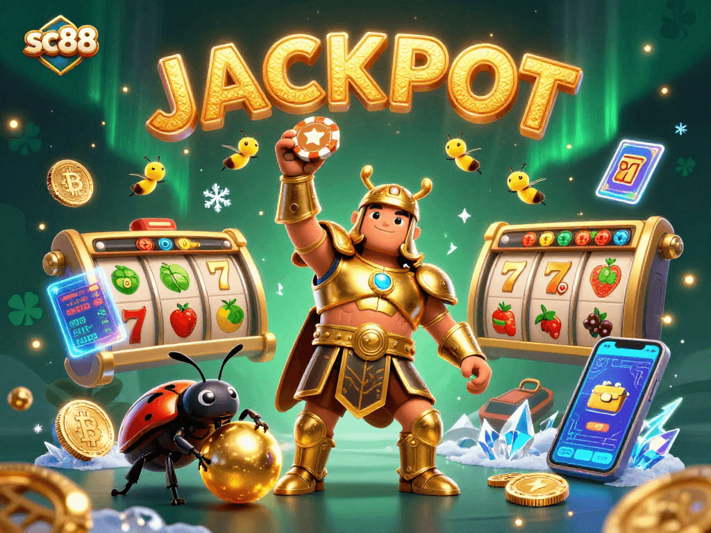 sc88 casino scene with a victorious beetle lifting a poker chip, dynamic slot symbols, and glowing crypto coins