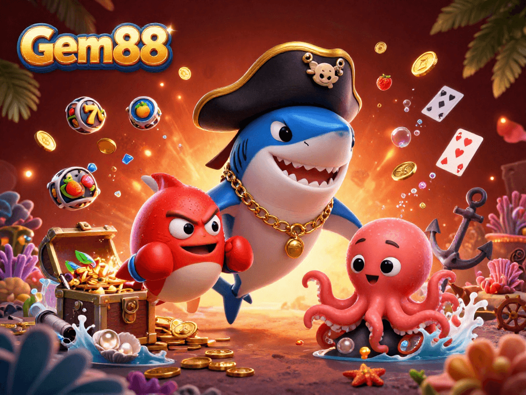 Gem88 brings excitement with a vibrant 3D pirate-themed casino illustration featuring playful sea creatures.