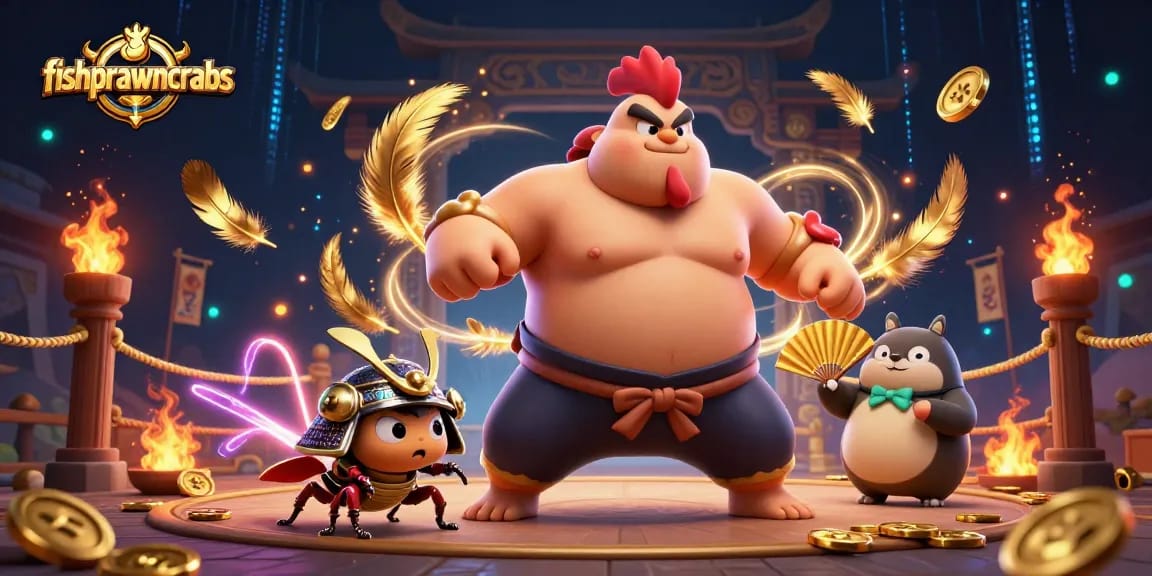 Engage with the fishprawncrabs betting action featuring a cartoon sumo wrestler, samurai cricket, and announcer in a vibrant arena.