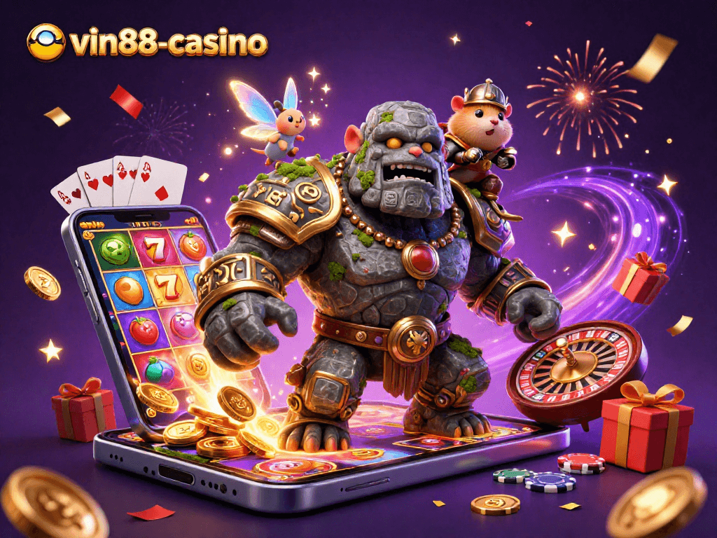 Experience the thrill of vin88-casino with animated characters in a colorful casino scene featuring slot games.