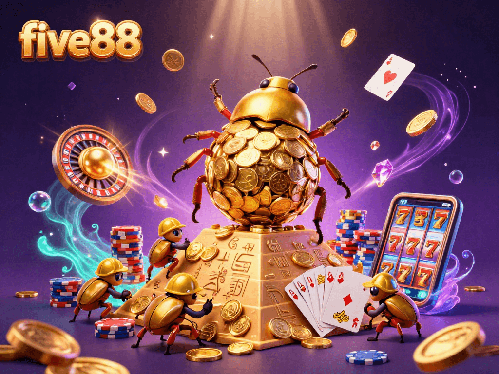 Experience the magic of five88 with a golden dung beetle rolling coins in a vibrant casino scene.