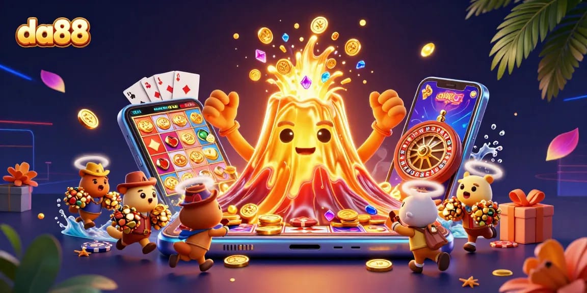 Engage with da88's vibrant casino adventure, showcasing an erupting volcano of treasures and dynamic gaming elements.