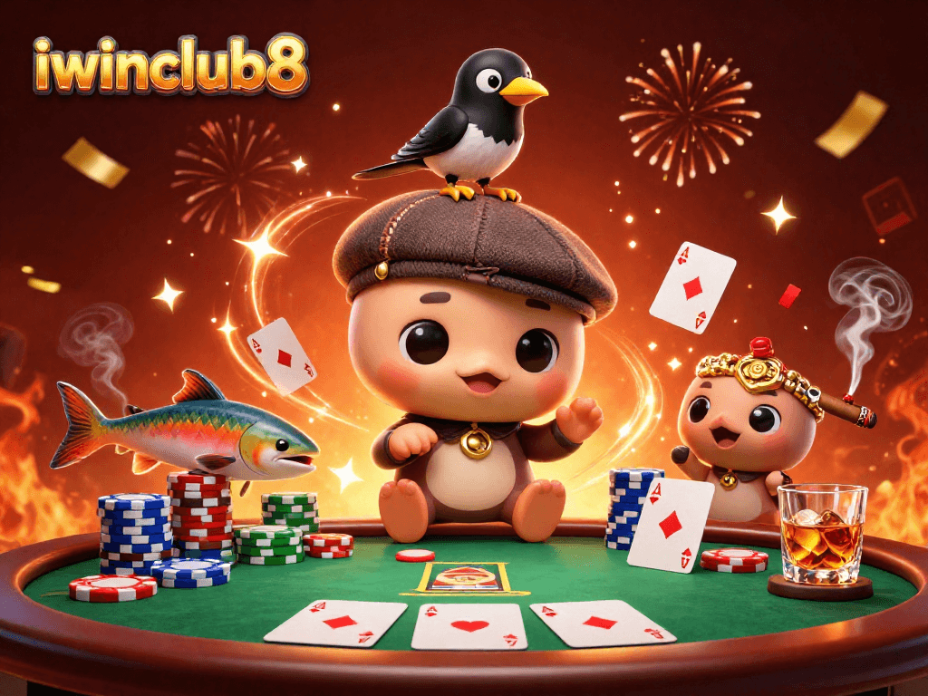 Engage with iwinclub8's vibrant 3D casino scene featuring Nessie and a magpie, celebrating with poker elements.