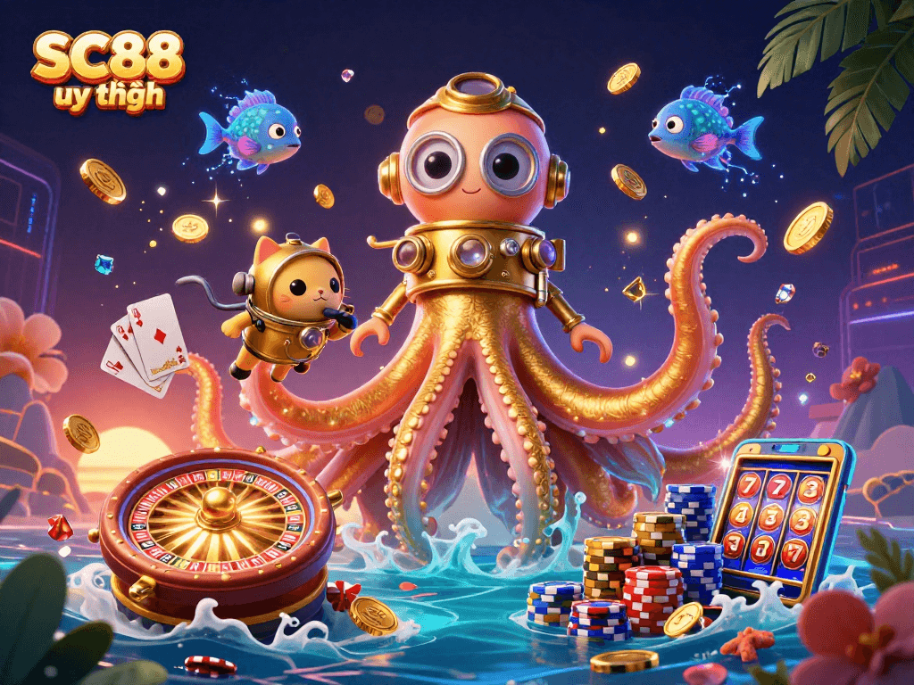 Experience the thrilling chaos of SC88 uy tín as a colossal kraken and a vintage diving cat unveil ocean treasures.