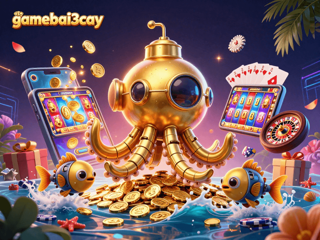 Experience gaming excitement with gamebai3cay, featuring a kraken submarine amidst swirling coins and slot games.