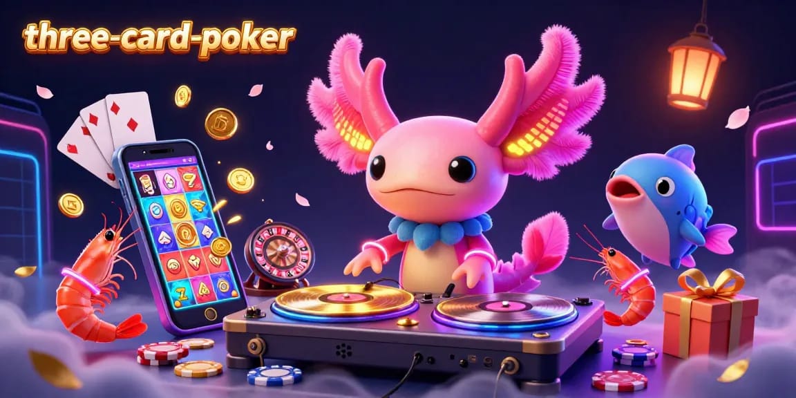 Engage in three-card-poker with a 3D neon-themed casino illustration featuring lively characters and dynamic game elements.