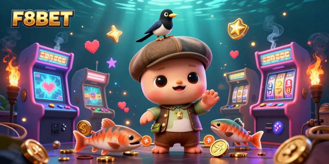 Join the excitement at F8BET with vibrant arcade scenes featuring playful characters and casino elements.