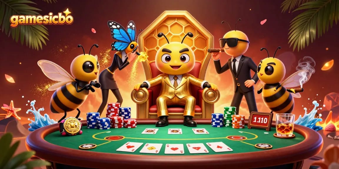 Join the excitement of gamesicbo at a lively poker table full of animated characters and vibrant casino elements.