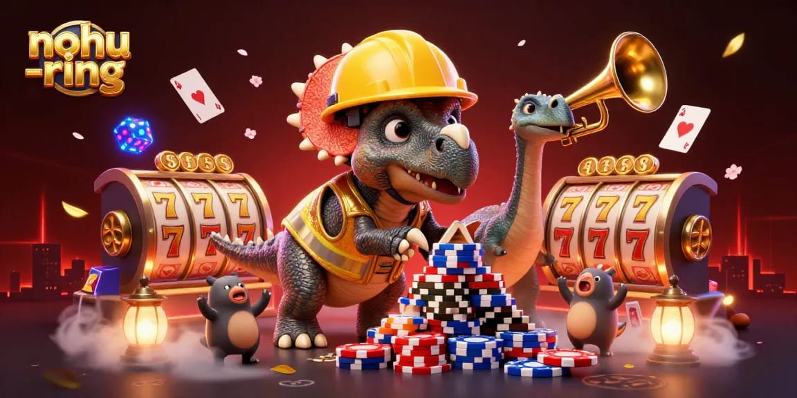 Experience the excitement of nohu-ring with a vibrant 3D celebration featuring triceratops building poker chip towers.