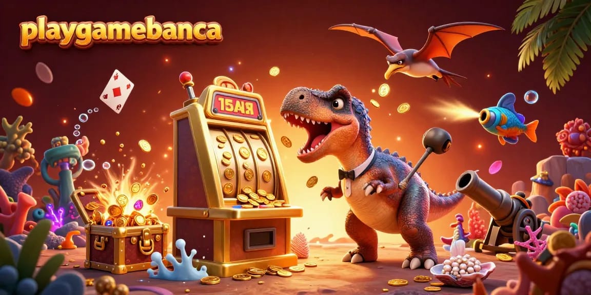 Experience thrilling wins at playgamebanca as a pachycephalosaurus jackpots a golden slot machine in vibrant casino chaos.