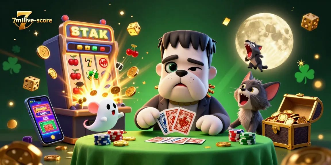 Experience a thrilling jackpot explosion at 7mlive-score with vibrant casino characters and lively gaming elements.