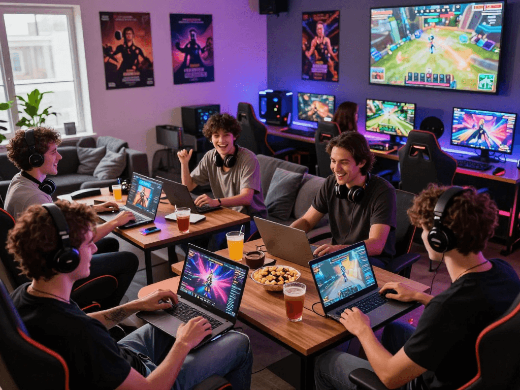 Engaged players enjoying interactive porn games in a lively gaming lounge atmosphere.