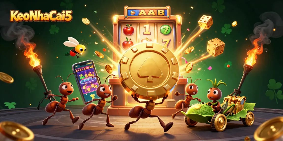 KeoNhaCai5 showcases ants in a 3D heist with gambling symbols and dynamic casino elements
